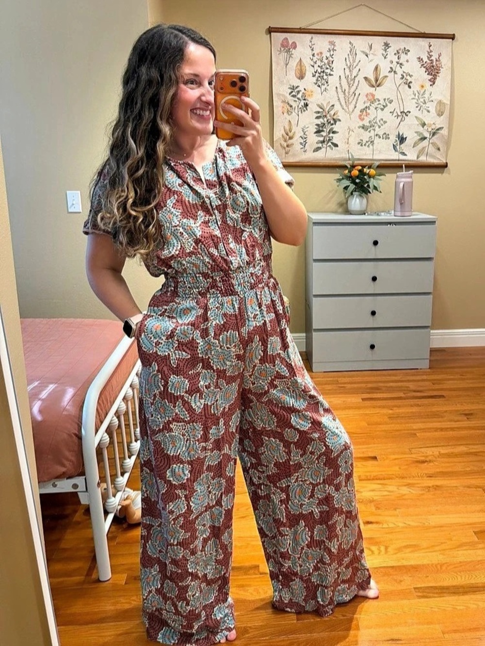 Anthropologie Somerset Floral Wide Leg Jumpsuit in Brown & Blue Size Medium